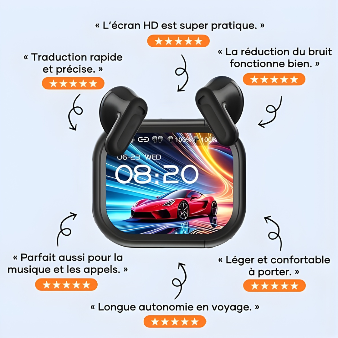Tradéo® - Écouteurs de Traduction avec Écran Couleur et Réduction de Bruit